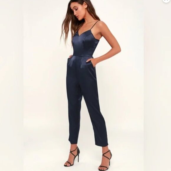Lulus Touch of Heaven Navy Blue Satin Sleeveless Jumpsuit - Picture 1 of 6
